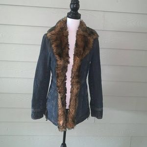 Women NINE WEST Blue Denim Fur Lined Jacket